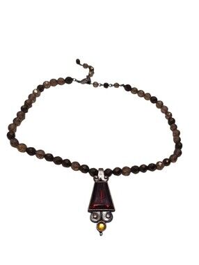 Designer Look Vintage Large Pendant on Beaded Necklace Copper AMBER RED Boho DIY
